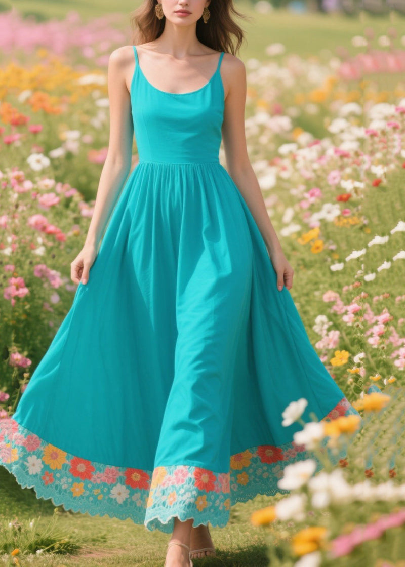 Blue Patchwork Exra Large Hem Cotton Long Dresses Summer