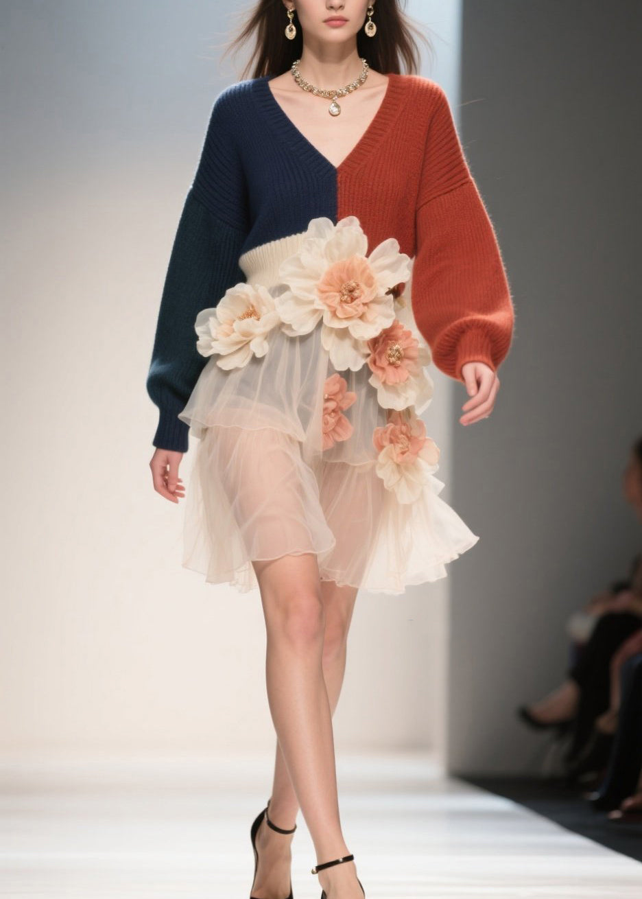 French Colorblock V Neck Tulle Patchwork Knit Dress Fall