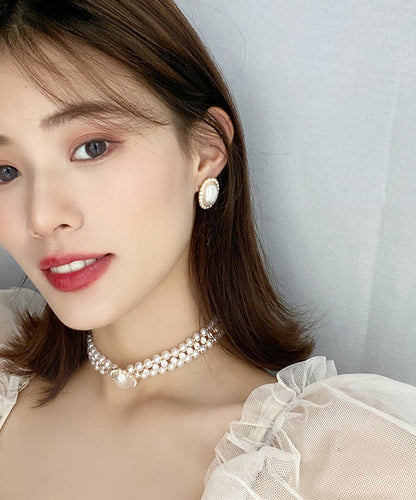 White Sterling Silver Overgild Zircon Pearl Stud Earrings