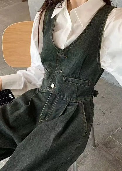 Slim Fit Denim Blue Button Pockets High Waist Jumpsuits Sleeveless