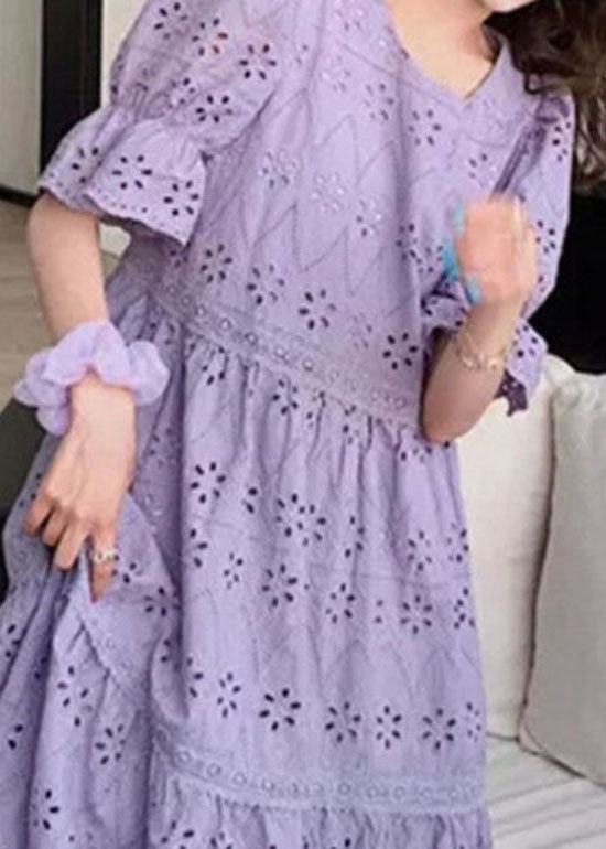 Purple Embroideried Hollow Out Patchwork Cotton Dress Puff Sleeve