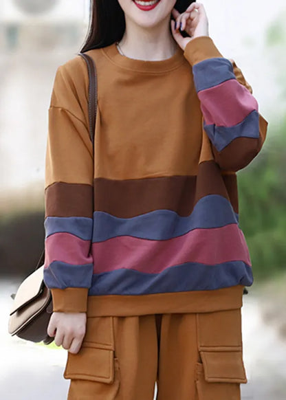 Yellow O-neck Striped Patchwork Top Long Sleeve