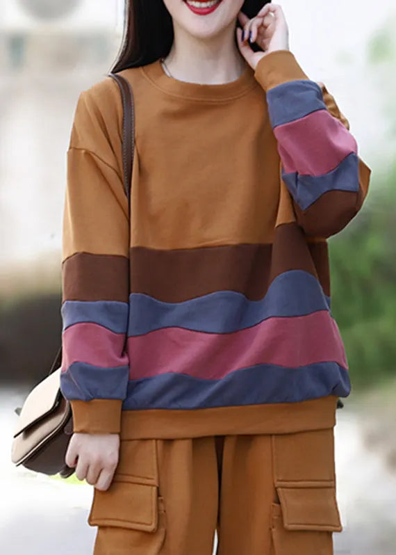 Yellow O-neck Striped Patchwork Top Long Sleeve