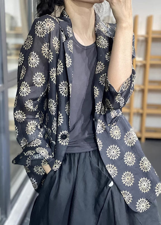 Navy Notched Print Button Coats Long Sleeve