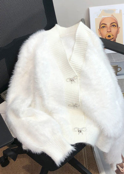 Pink V Neck Button Mink Hair Knitted Cardigan Spring
