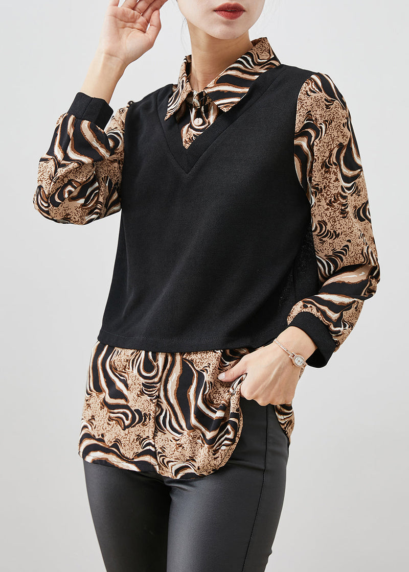 Leopard Print Patchwork Cotton Fake Two Piece Shirt Top Fall