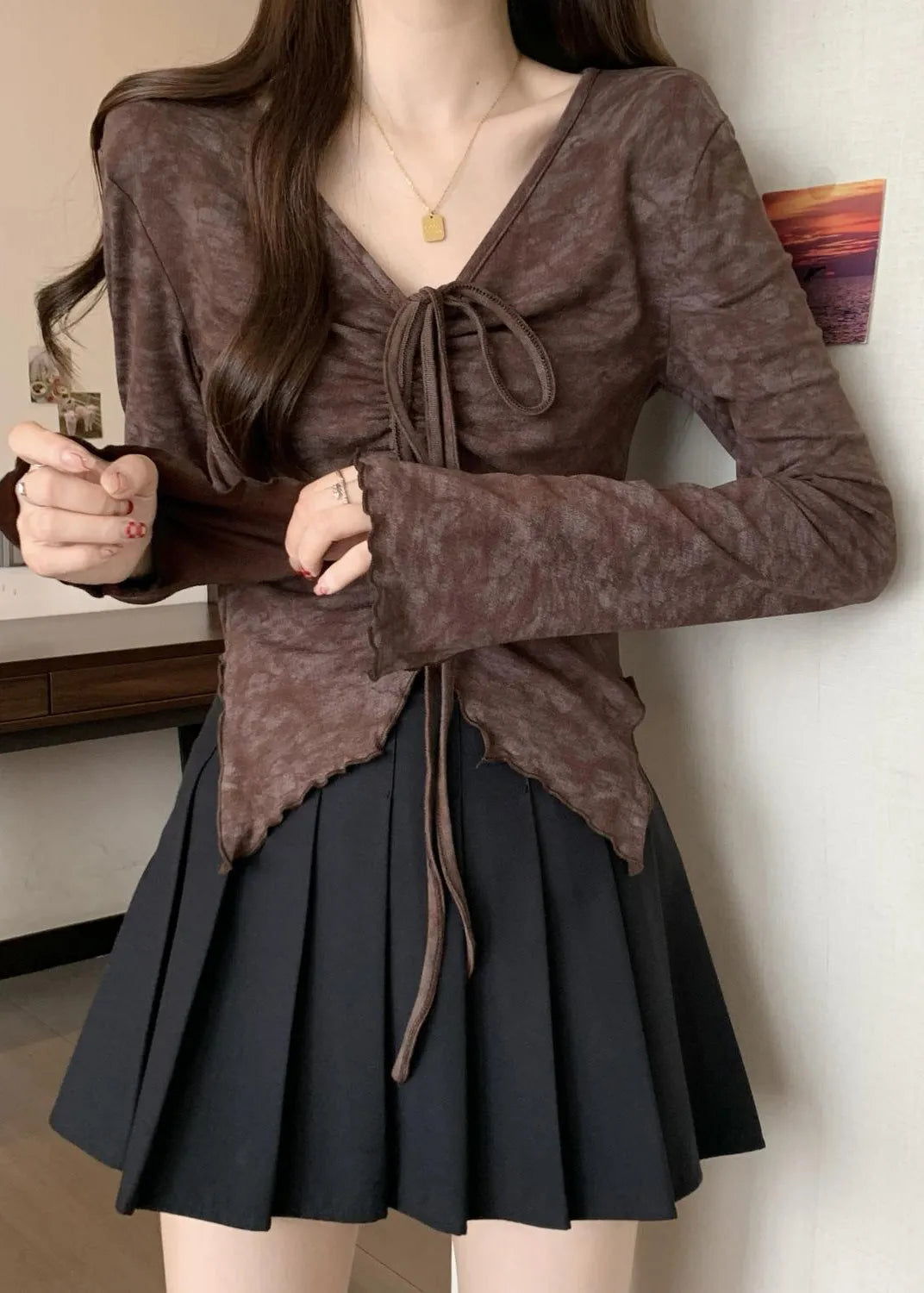 French Brown Cinched Tie Dye Cotton Shirt Fall