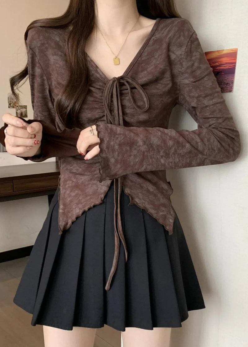 French Brown Cinched Tie Dye Cotton Shirt Fall
