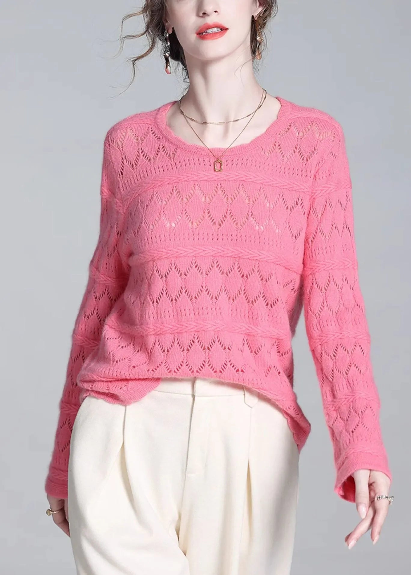 Simple Pink Hollow Out Wool Knit Sweater Winter