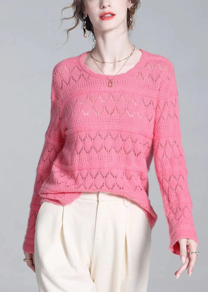 Simple Pink Hollow Out Wool Knit Sweater Winter