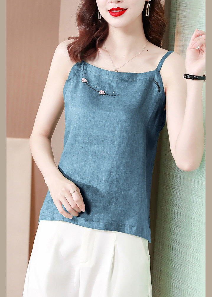Blue Embroideried Tank Tops Summer