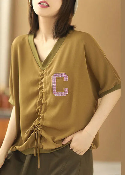 Khaki V Neck Drawstring Letter Blouse Tops Short Sleeve