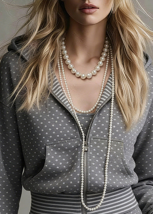 Grey Dot Zippered Pockets Hooded Coats Long Sleeve