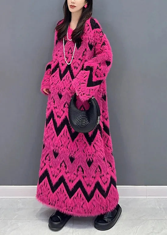 Rose O Neck Teddy Patchwork Knit Long Dress Fall
