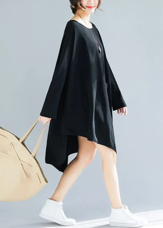 Black Asymmetrical Patchwork Applique Cotton Long Tops Spring