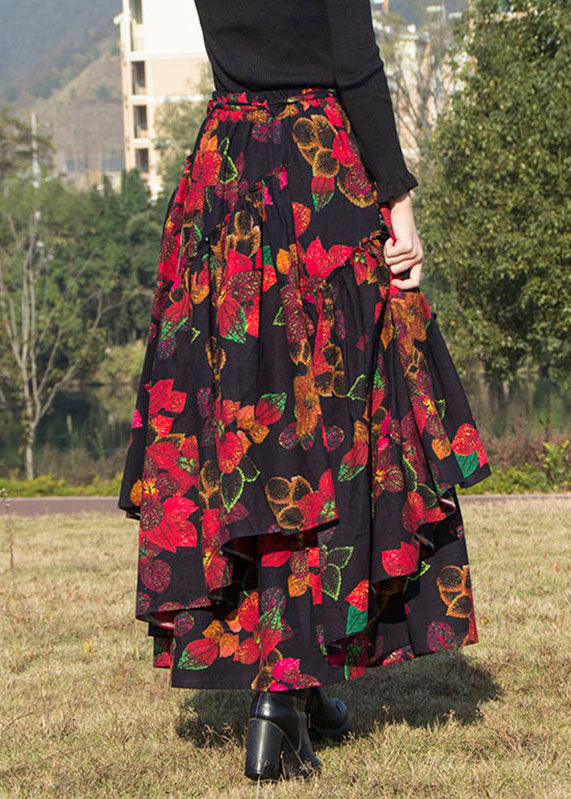Red Asymmetrical Print Tie Waist Pleated Skirts