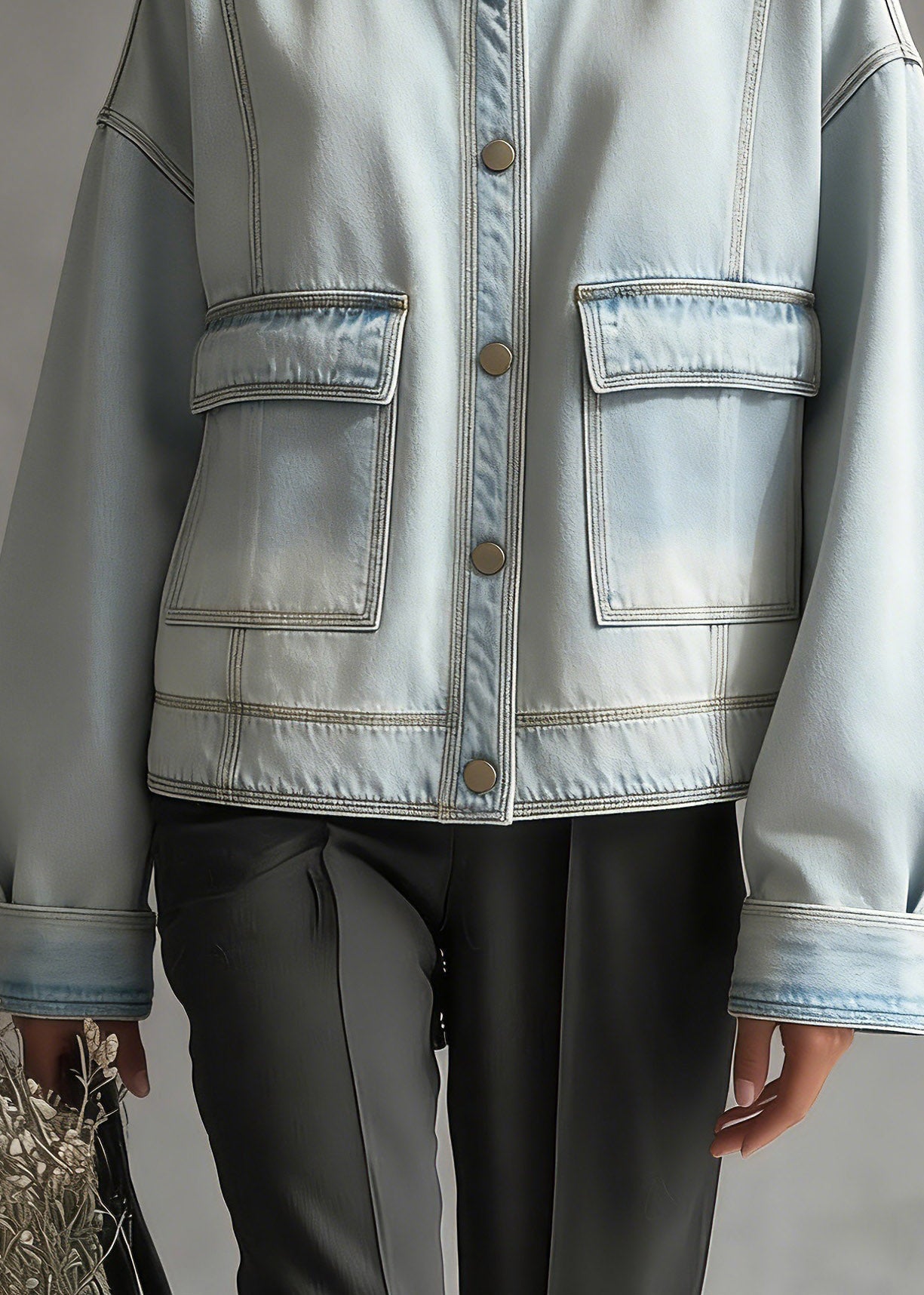 Blue O-neck Pockets Denim Coat Long Sleeve