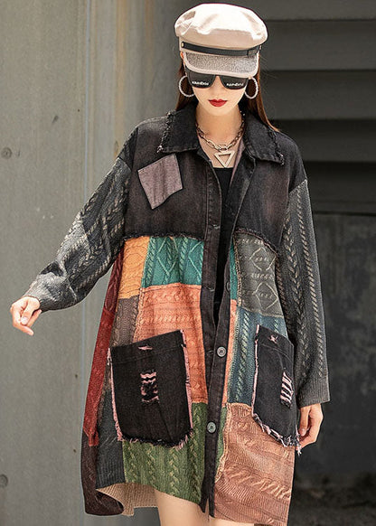 Handmade Denim Patchwork Knit Peterpan Collar Pockets Fall Long Sleeve Coat