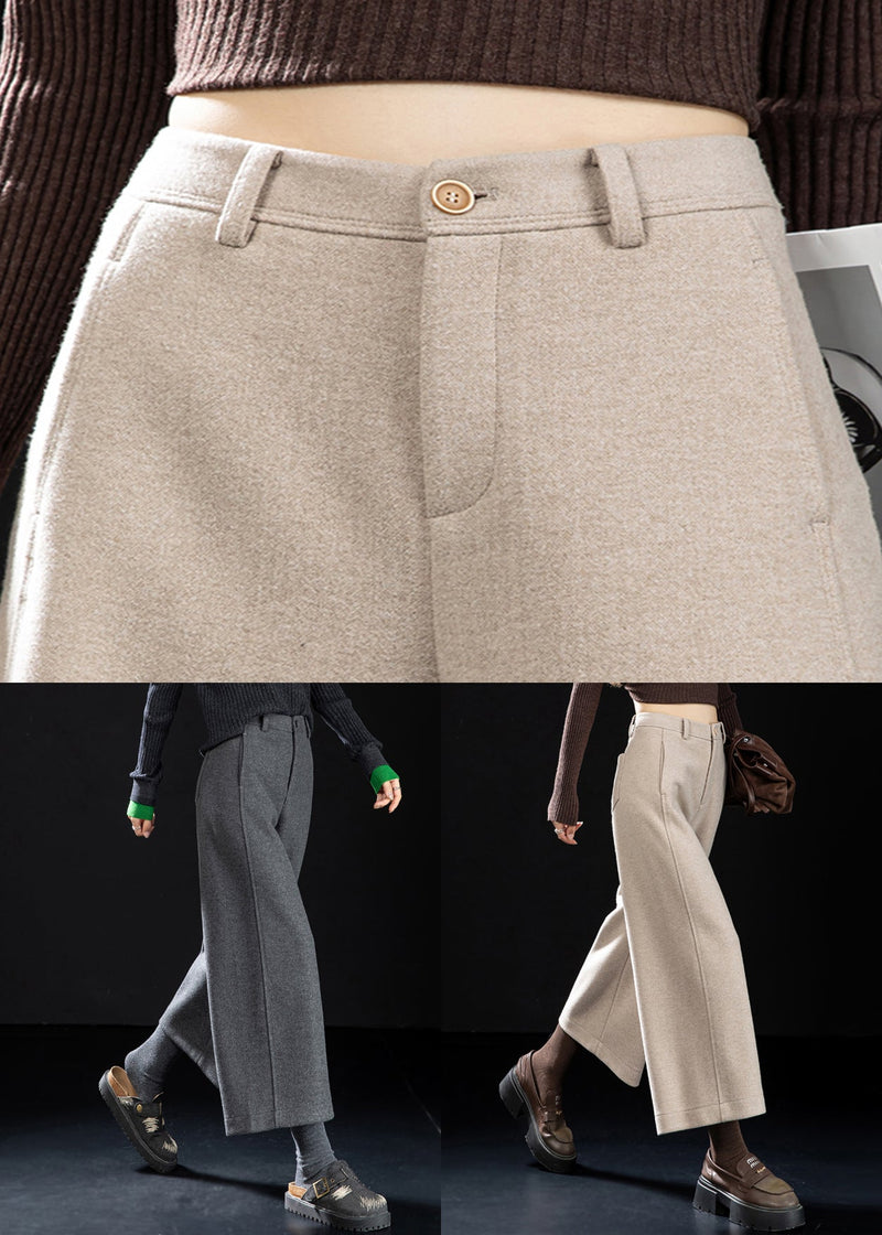 French Grey Button High Waist Woolen Crop Pants Winter