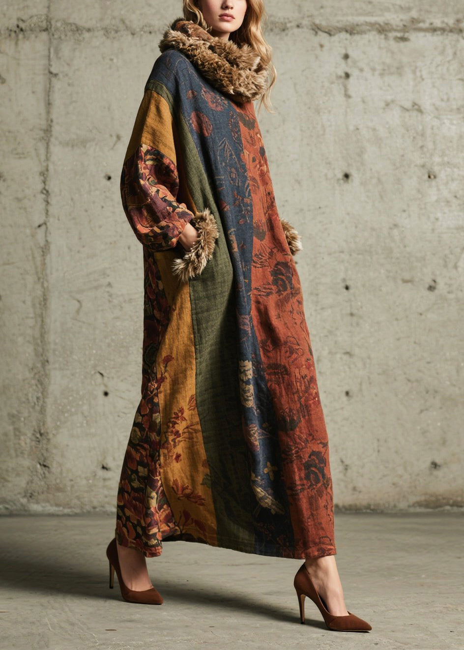 Print Patchwork Faux Fur Maxi Dresses Fall
