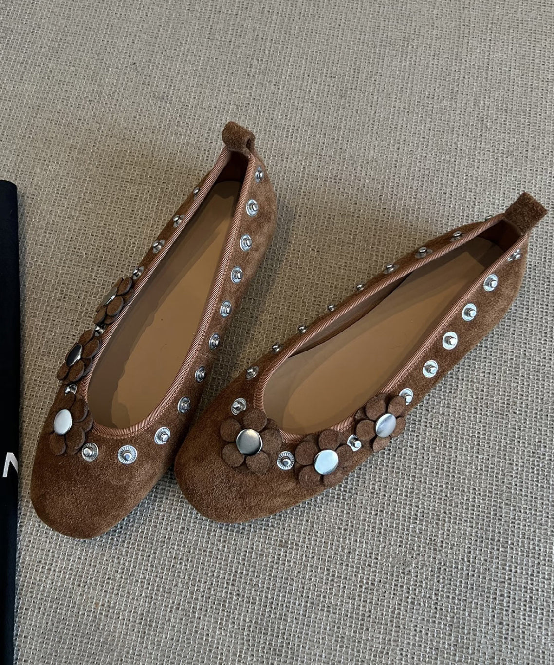 Brown Suede Rivet Splicing Flat Shoes for