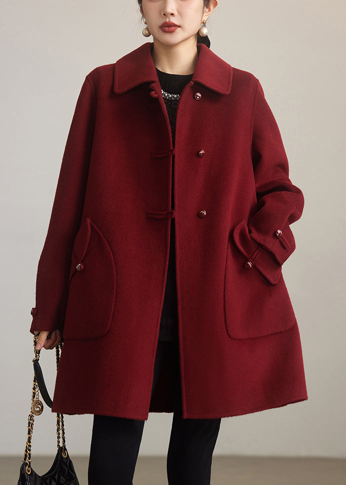Red Peter Pan Collar Button Woolen Coats Spring