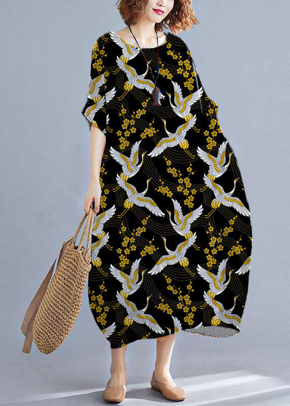 Orange Cashews O-neck Striped Summer Cotton Maxi Dresses