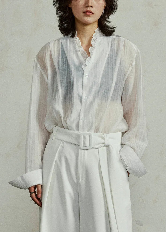 Loose Coffee Ruffled Button Cotton Blouses Fall