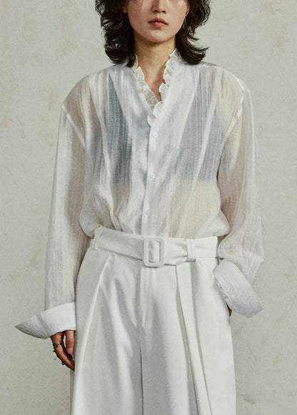 Loose Coffee Ruffled Button Cotton Blouses Fall