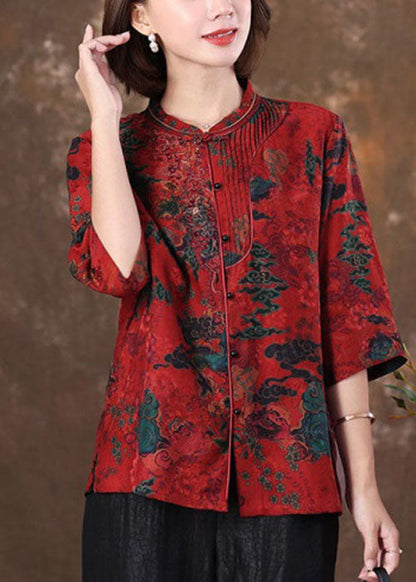 Unique Red Stand Collar Print Slim Silk Shirt Tops Half Sleeve Spring