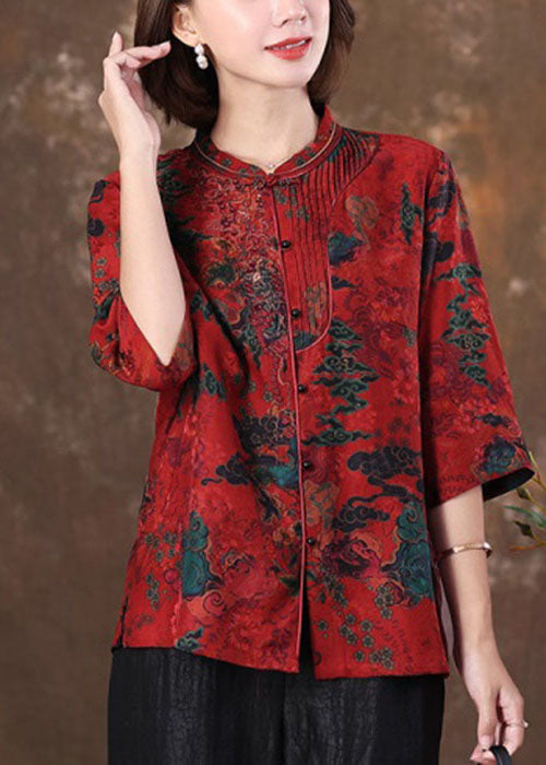 Unique Red Stand Collar Print Slim Silk Shirt Tops Half Sleeve Spring