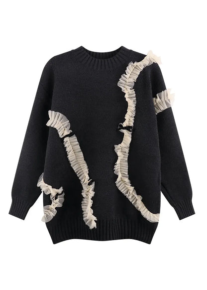 Organic Black O-neck Tulle Patchwork Thick Knit Sweaters Fall