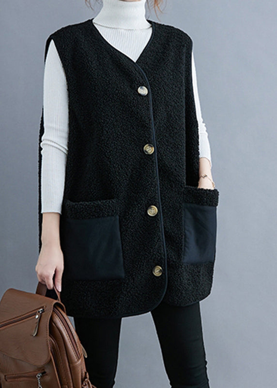 Black V Neck Patchwork Teddy Faux Fur Waistcoat Fall