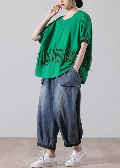 Green Tasseled Cotton Top Short Sleeve Summer