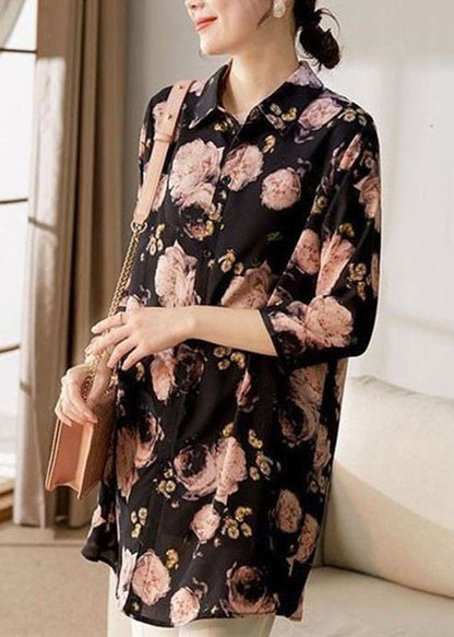 Boutique Black Peter Pan Collar Print Chiffon Blouse Tops Bracelet Sleeve