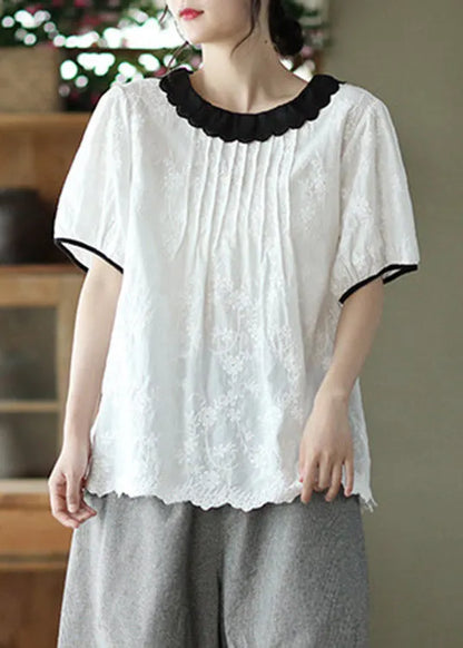Brief White Peter Pan Collar Cotton Shirt Short Sleeve