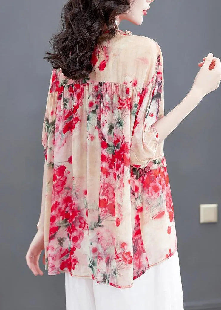 Modern Red Print O-neck Ruffled Chiffon Tops Half Sleeve