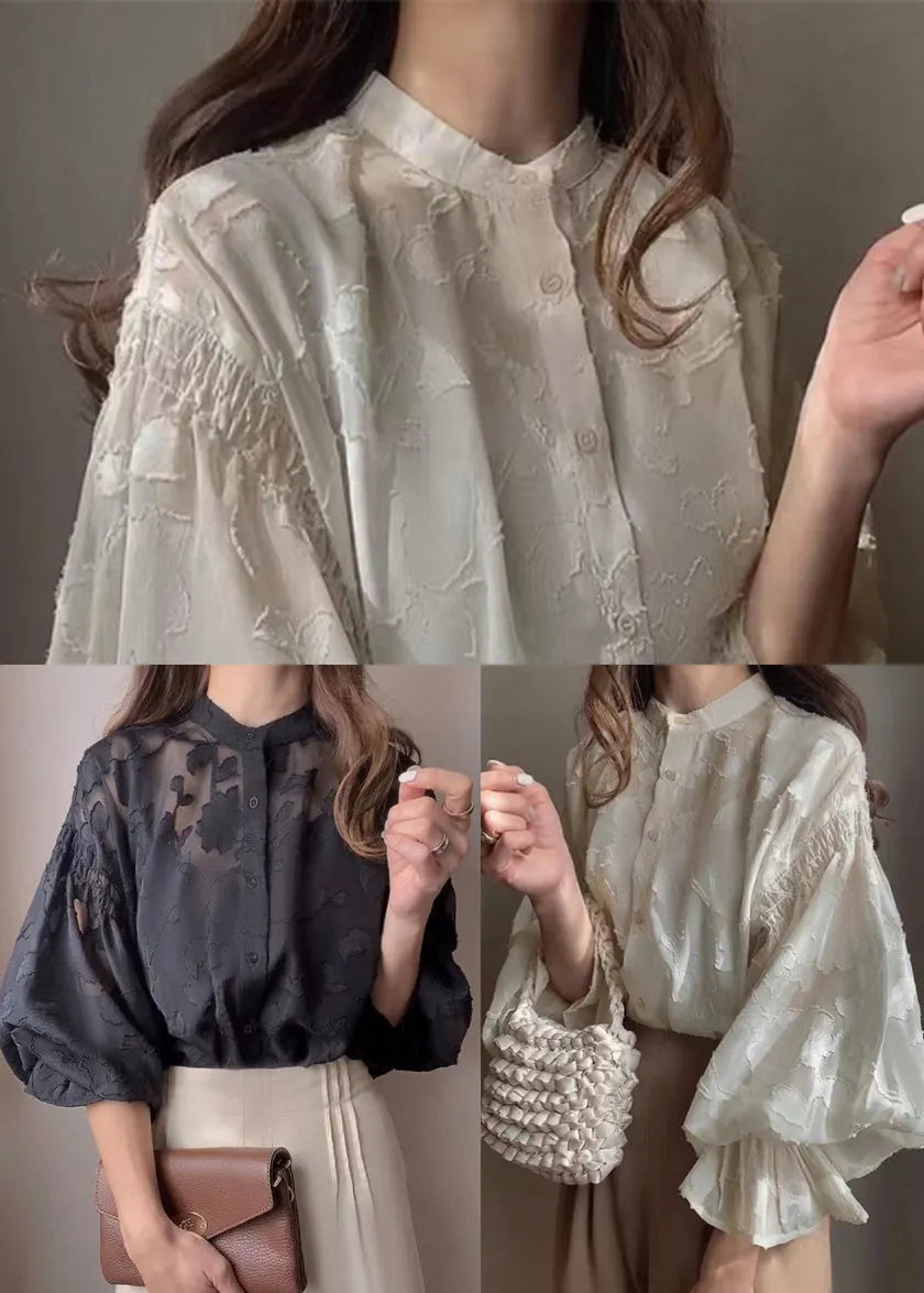 French Black Stand Collar Jacquard Chiffon Top Fall