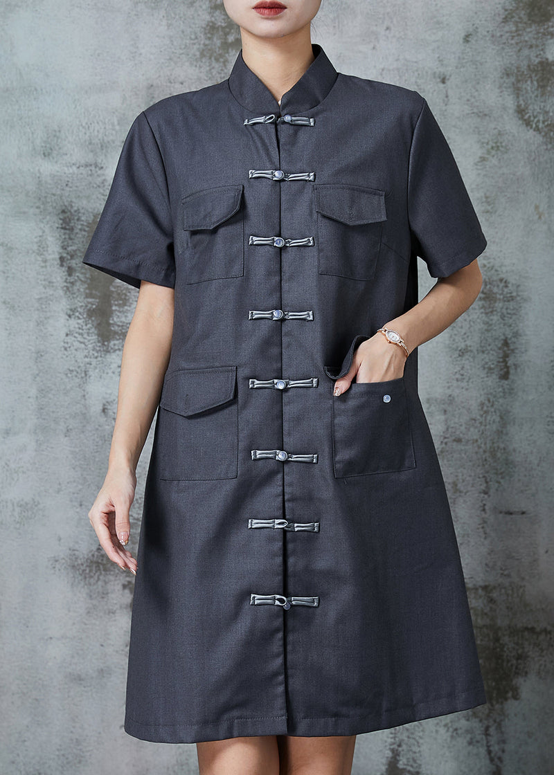 Grey Chinese Button Pockets Linen Dress Summer