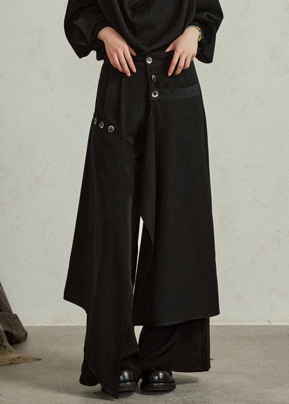 Modern Black Asymmetrical Button Pockets Cotton Pants Fall