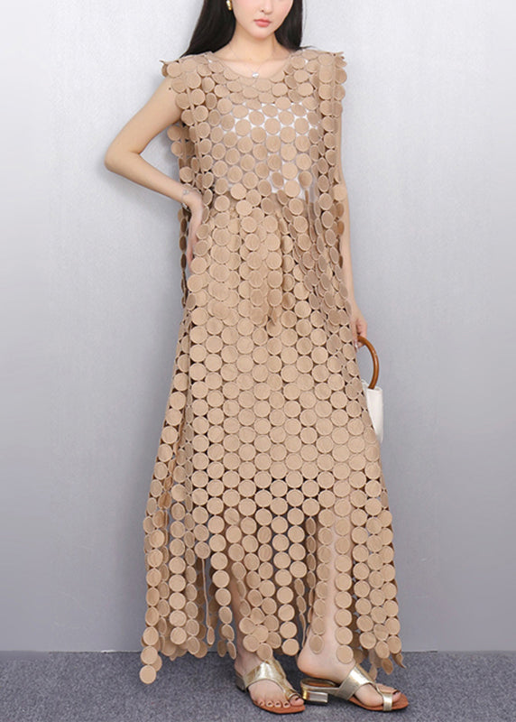 Champagne Hollow Out Lace Top and Maxi Skirts Two Pieces Set Summer