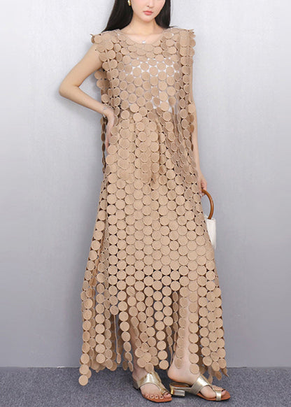 Champagne Hollow Out Lace Top and Maxi Skirts Two Pieces Set Summer