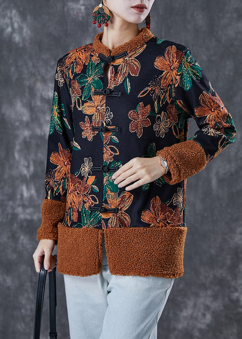 Black Print Patchwork Warm Fleece Coats Winter