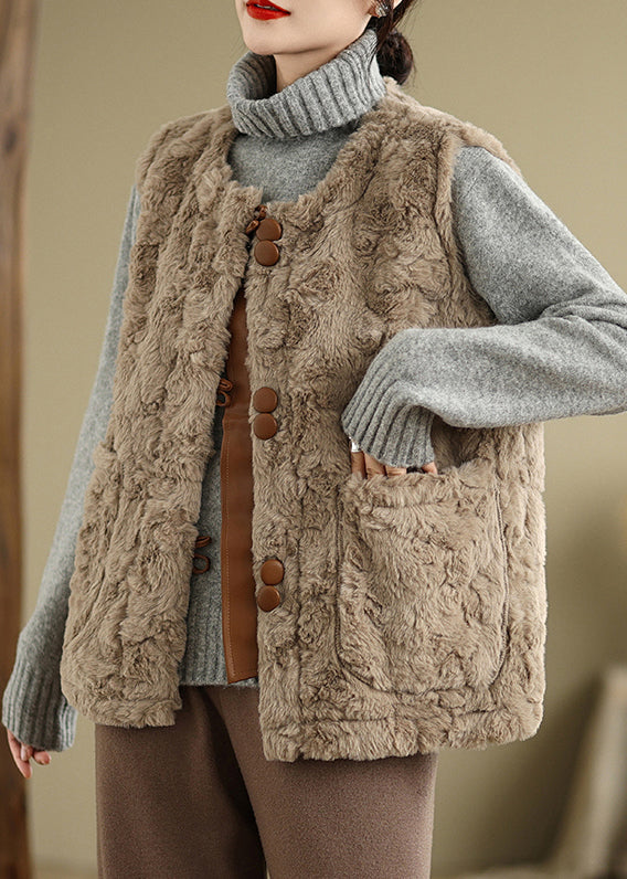 Khaki Button Pockets Teddy Faux Fur Waistcoat Sleeveless