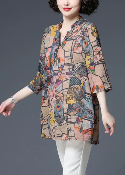 Modern V Neck Print Button Thin Shirt Top Three Quarter Sleeve