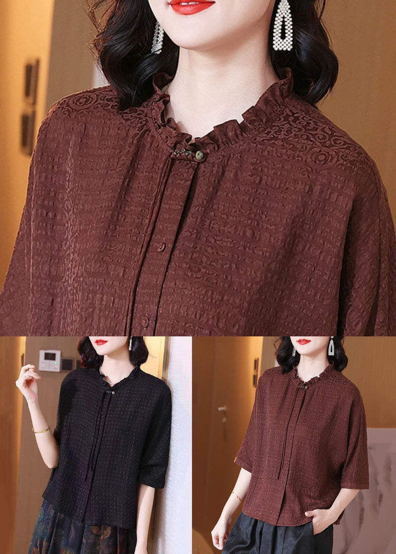 Black Button Silk Shirt O Neck Bracelet Sleeve