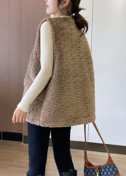 Handmade Khaki Zip Up Pockets Faux Fur Teddy Vests Winter