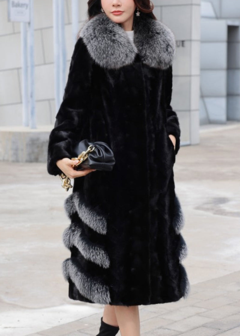 Loose Black Fox Collar Pockets Mink Hair Leather and Fur Long Coats Winter
