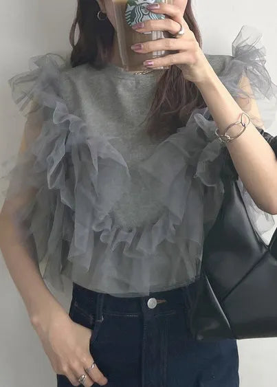 Grey O-neck Patchwork Tulle Vest Tops Summer