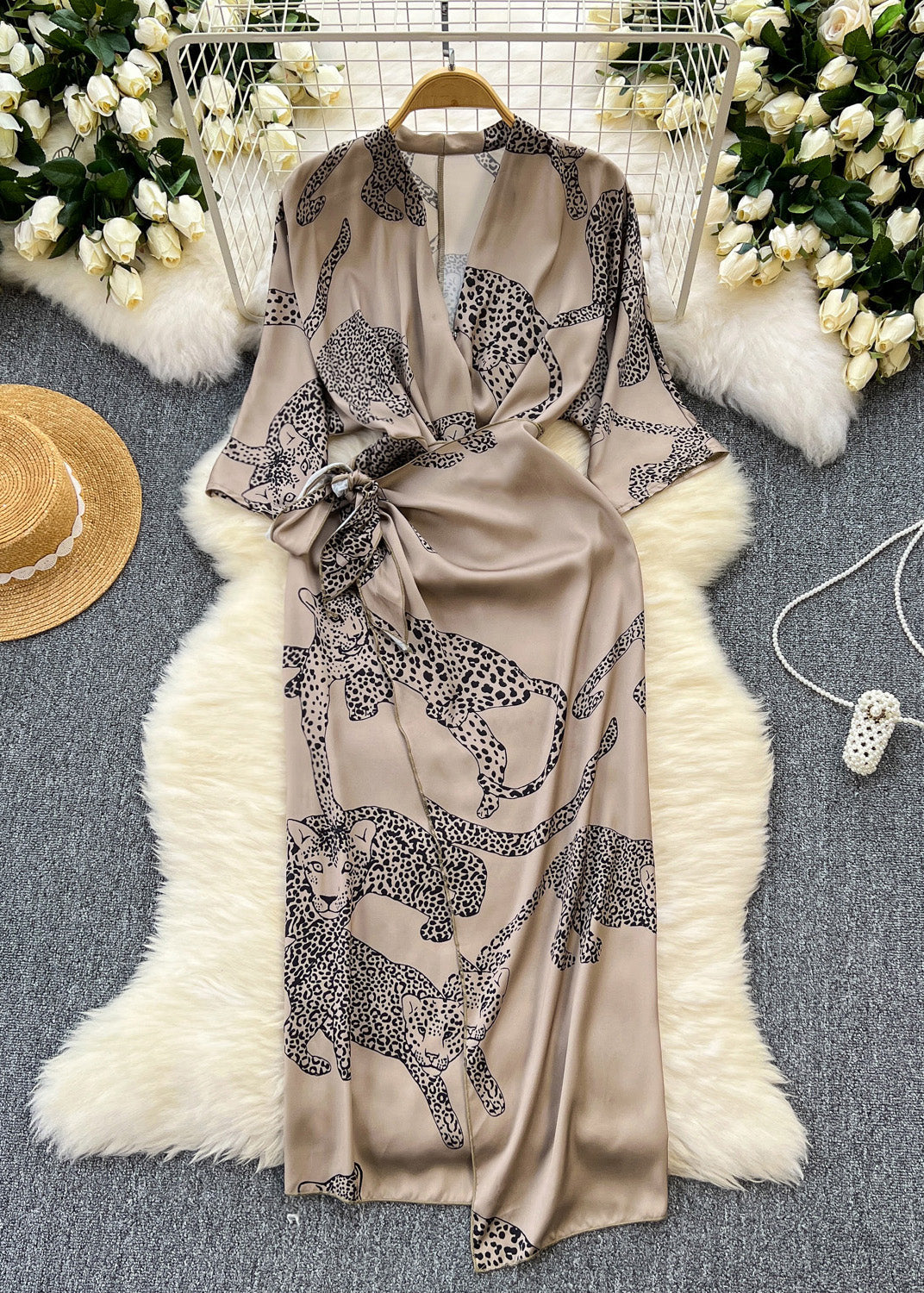 French Photo Color Print Lace Up Silk Dress Half Sleeve Summer